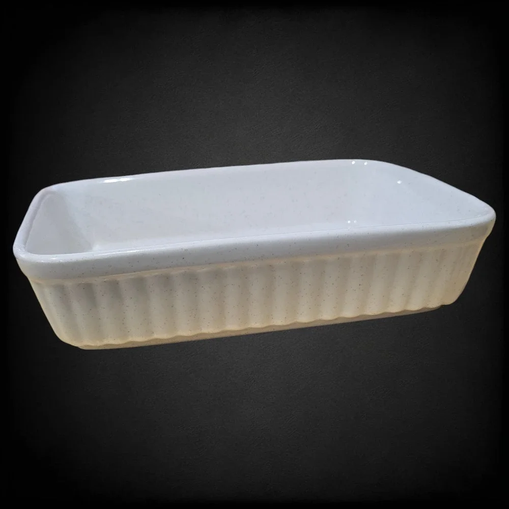 Vintage Stoneware Cream Speckled Japan Ribbed Mini Baking Dish Casserole Pan